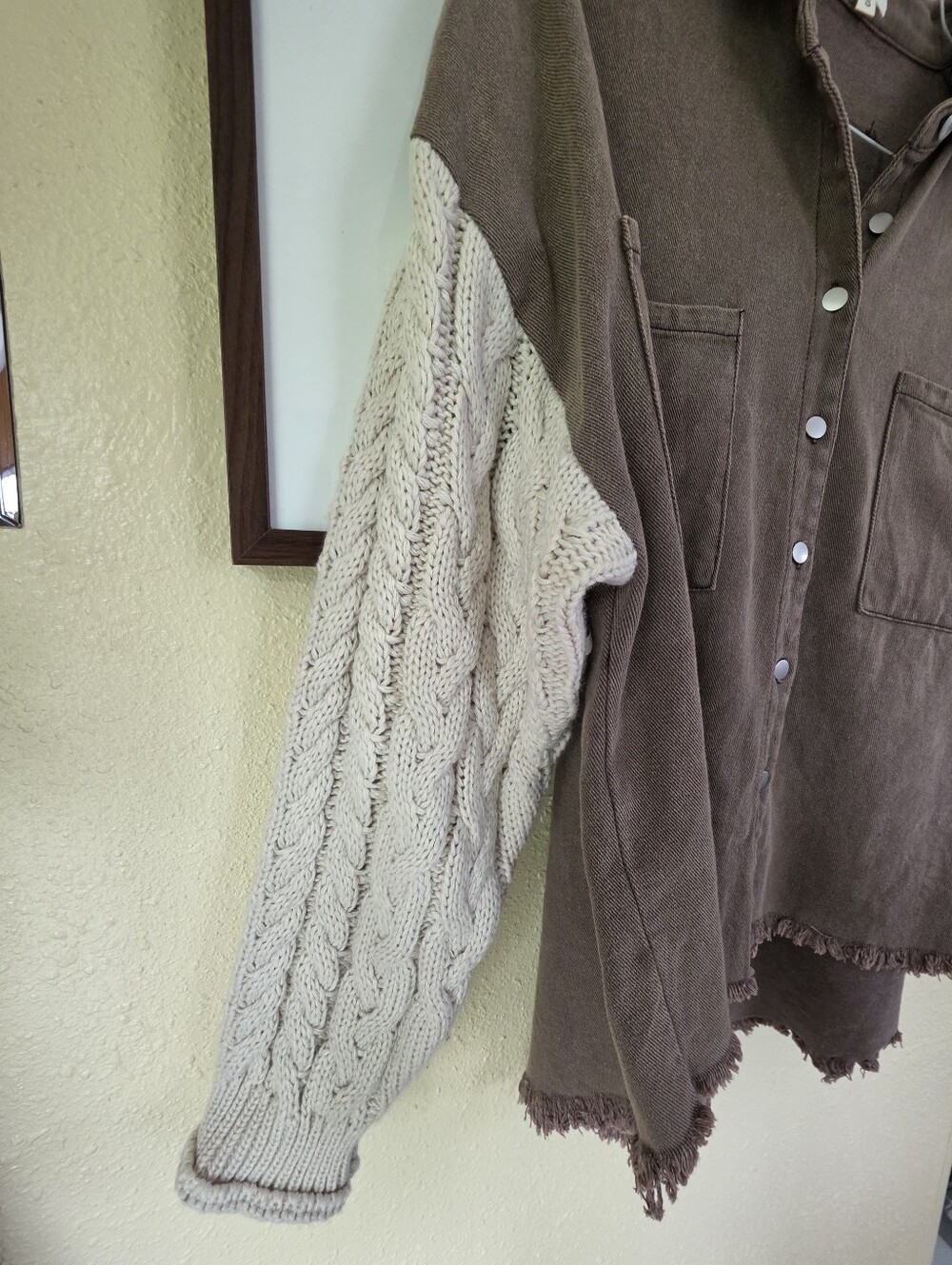 POL Cable Knit Sleeve Shacket Chocolate & Cream Small - Picture 8 of 16
